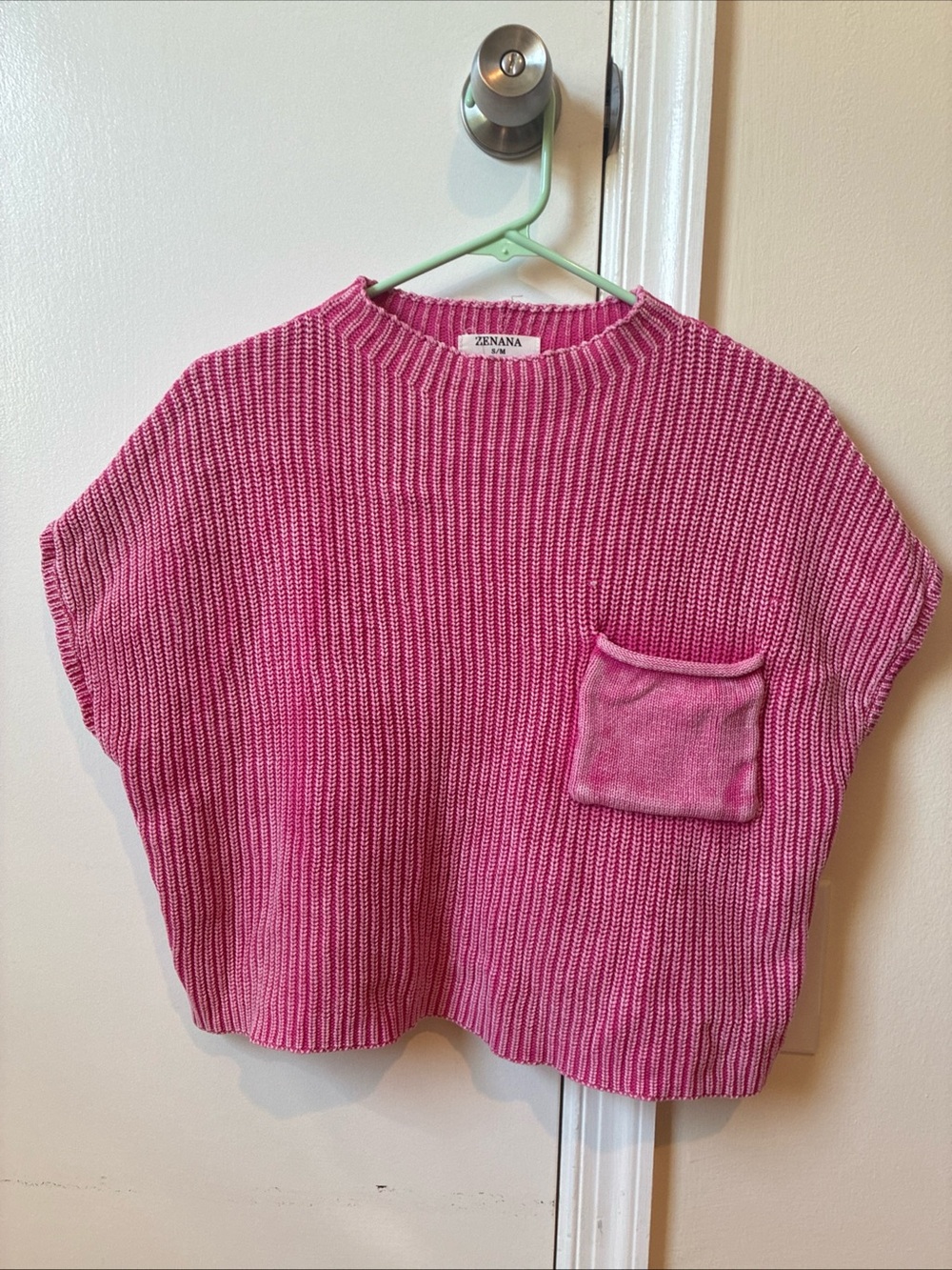 Zenana Hot Pink Washed Mock Neck Short Sleeve Sweater Cropped size S/M
